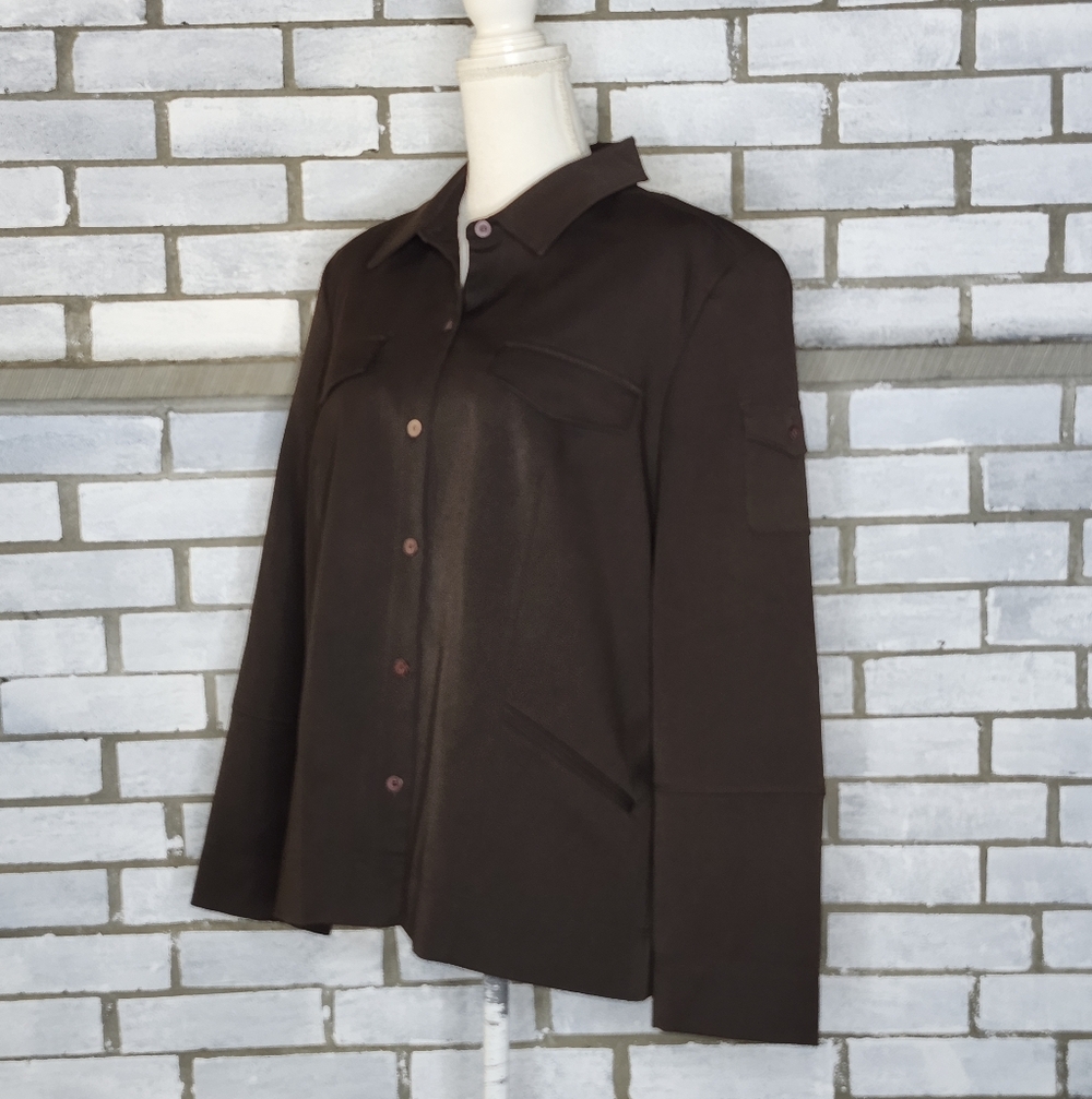 Norton McNaughton Jacket Brown Lined Stretch Button Front Size 16 Pockets